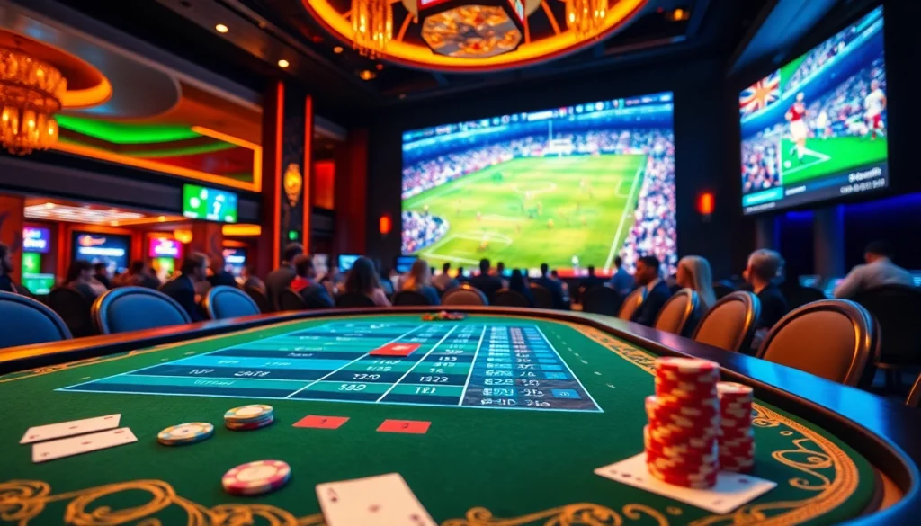 Experience แทงบอล at a vibrant casino with betting tables and live football action.