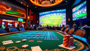 Experience แทงบอล at a vibrant casino with betting tables and live football action.