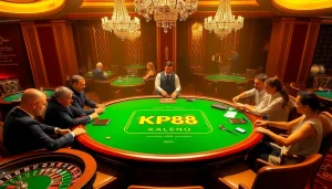 Engaging KP88 gaming table scene with players enjoying high-stakes poker in luxury.