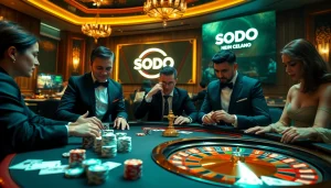 SODO players strategizing over cards and chips in a luxurious casino setting.