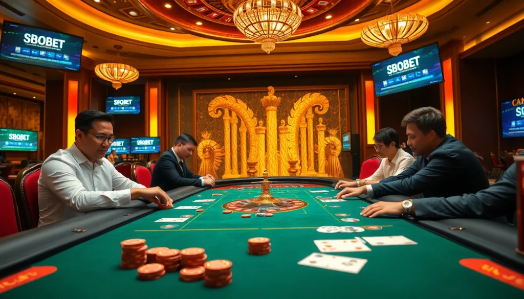 SboBet login terbaru visualizing an exciting poker game with vibrant casino atmosphere and online betting screens.