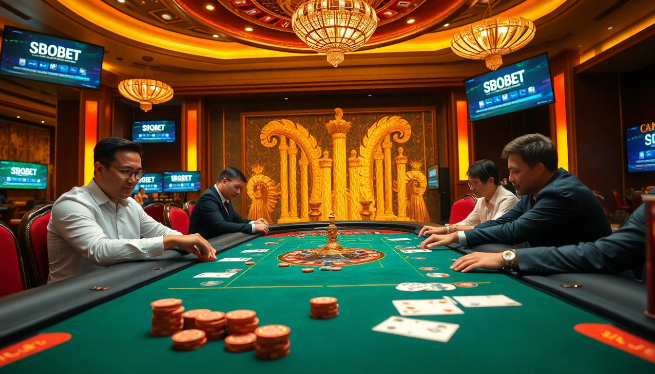 SboBet login terbaru visualizing an exciting poker game with vibrant casino atmosphere and online betting screens.