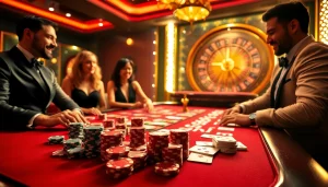 IWIN68 engaging players at a luxurious gambling table with poker chips and cards.