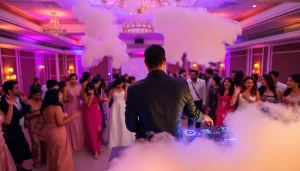 Wedding DJ energizing a multicultural reception with vibrant lighting and joyful guests.