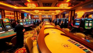Experience the excitement of KJC at a luxurious casino with vibrant tables and engaged players.