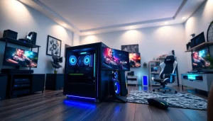 Gaming-Computer verkaufen mit einem modernen Setup, das lebendige Grafiken und Zubehör zeigt.