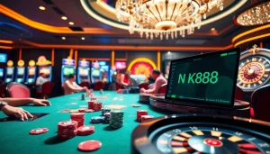 Experience NK88 excitement at a vibrant casino table with colorful chips and slot machines.