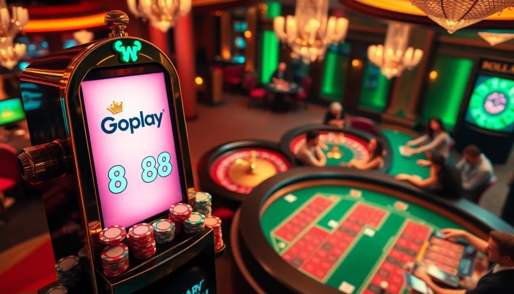 Experience the thrill of Gopay88 gaming with a luxurious casino scene featuring dynamic slot machines and vibrant poker action.