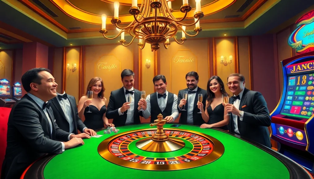 The excitement of live gambling at https://xx88.day/ with happy players around a roulette wheel.