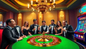 The excitement of live gambling at https://xx88.day/ with happy players around a roulette wheel.