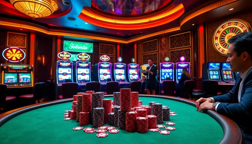 Siu88 Casino: Engaging poker table scene with vibrant chips and roulette.
