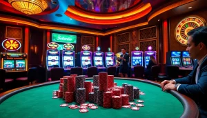 Siu88 Casino: Engaging poker table scene with vibrant chips and roulette.