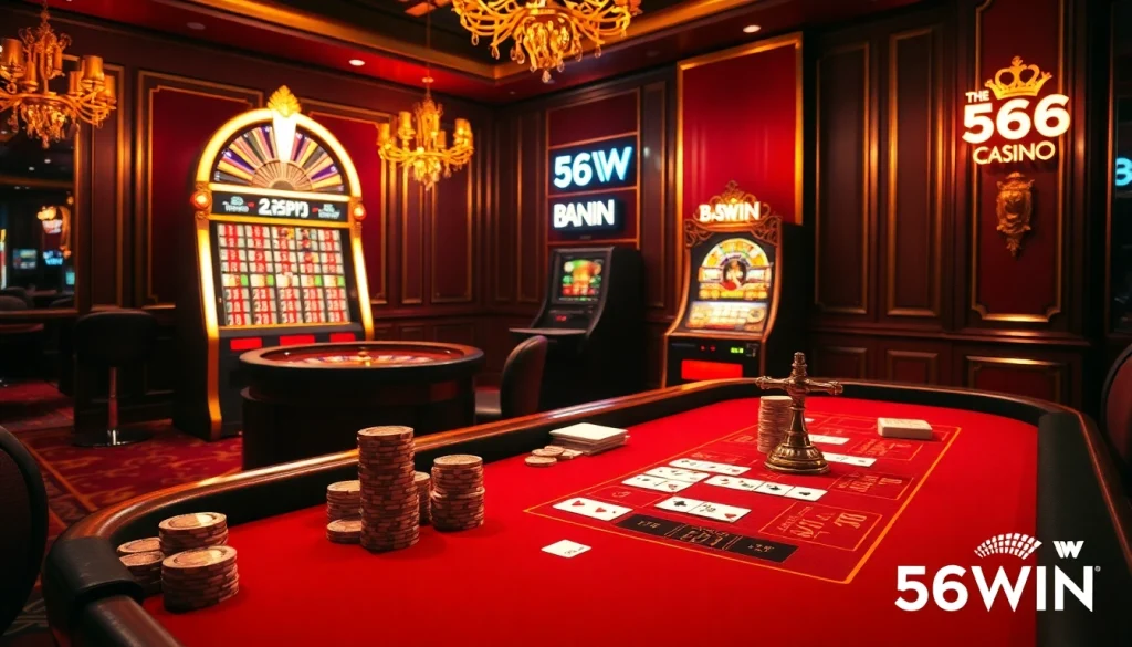 Experience high-stakes gaming with 56WIN at a luxurious casino table, featuring cards and chips.