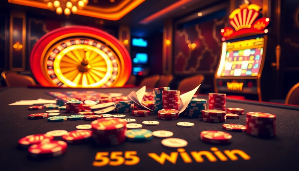 Players enjoying the excitement of a 555 win at a vibrant casino table with chips and cards.