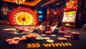 Players enjoying the excitement of a 555 win at a vibrant casino table with chips and cards.