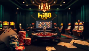 Engage in hi88 giải trí at a professional online casino featuring poker chips and roulette.