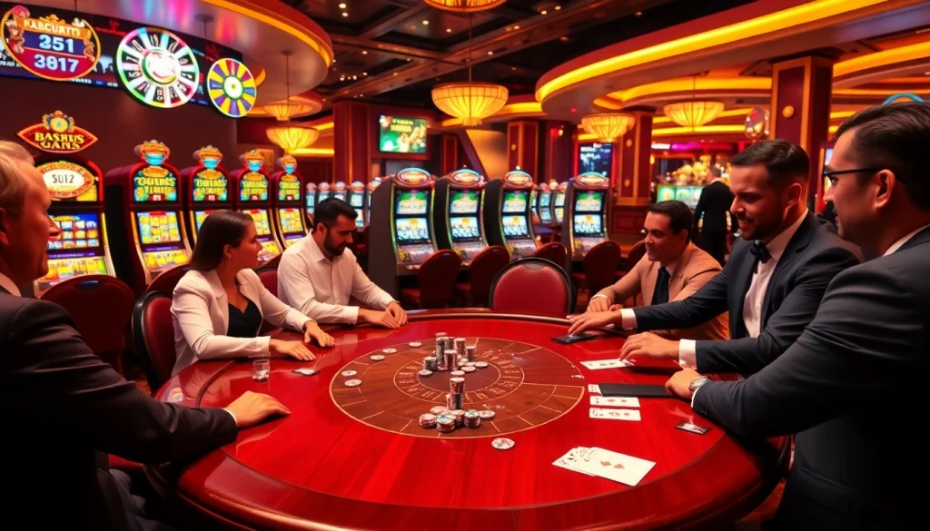 Enjoying a competitive game at the poker table at https://go99pa.com, with vibrant slot machines in the background.