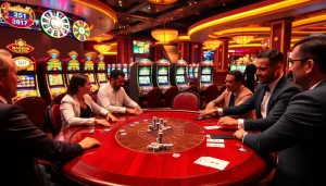 Enjoying a competitive game at the poker table at https://go99pa.com, with vibrant slot machines in the background.