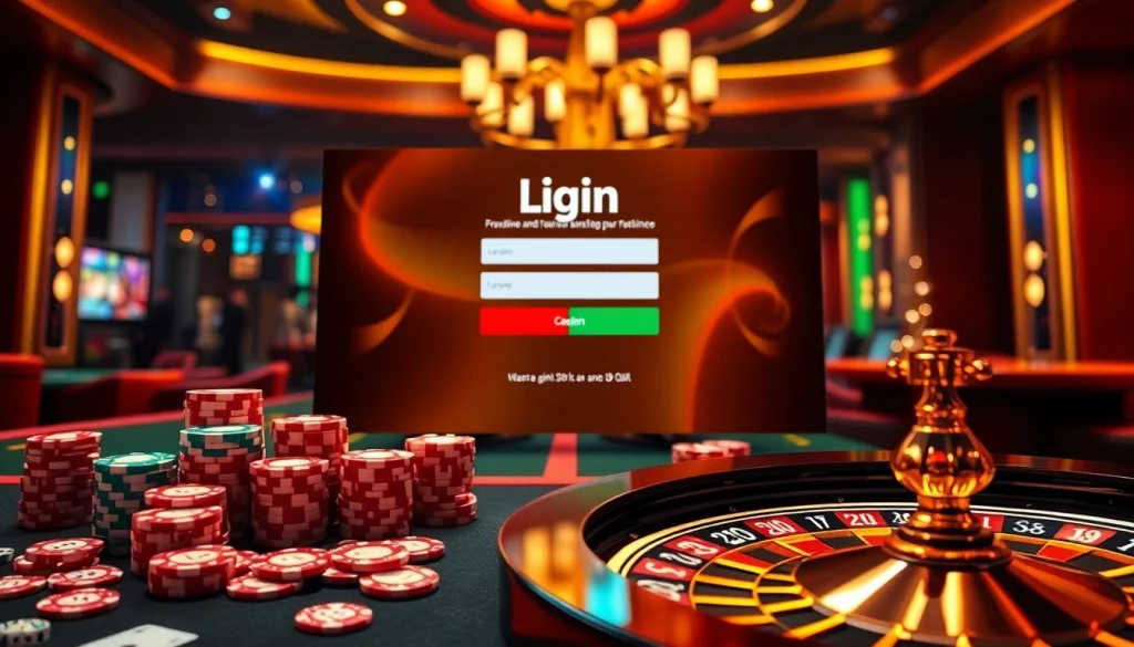 Experience the thrill of casino gaming with a vibrant login interface showcasing colorful chips and a roulette wheel.