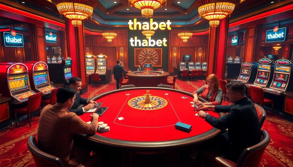 Experience the thrill of thabet at a glamorous casino with poker tables and vibrant slot machines.
