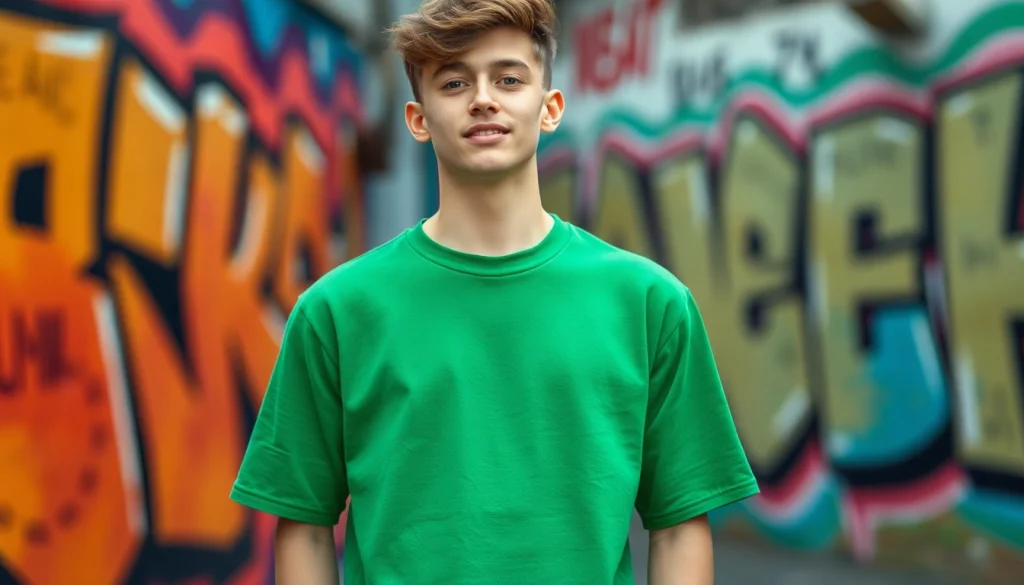 Vibrant urban fashion scene with model in BOTOL169 green shirt.