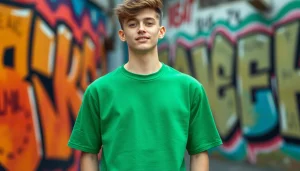Vibrant urban fashion scene with model in BOTOL169 green shirt.