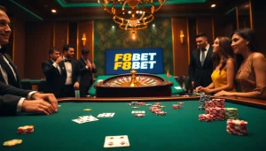 F8BET poker game scene with colorful chips and cards on a luxury table.
