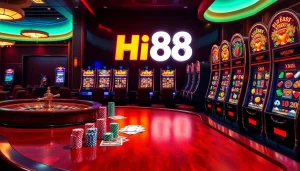 Exciting poker game action at Hi88 casino showcasing vibrant chips and cards.