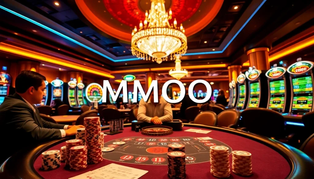 Players are enjoying MMOO at a vibrant casino table filled with poker chips and cards.