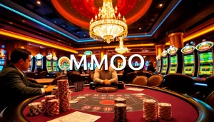 Players are enjoying MMOO at a vibrant casino table filled with poker chips and cards.