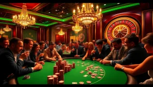 Engaged players strategizing at a vibrant poker table in a luxurious casino scene at https://www.6rwin55.com/.