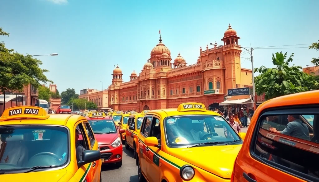 Jaipur Taxi Service showcasing vibrant taxis and local culture in a bustling city scene.