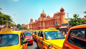 Jaipur Taxi Service showcasing vibrant taxis and local culture in a bustling city scene.