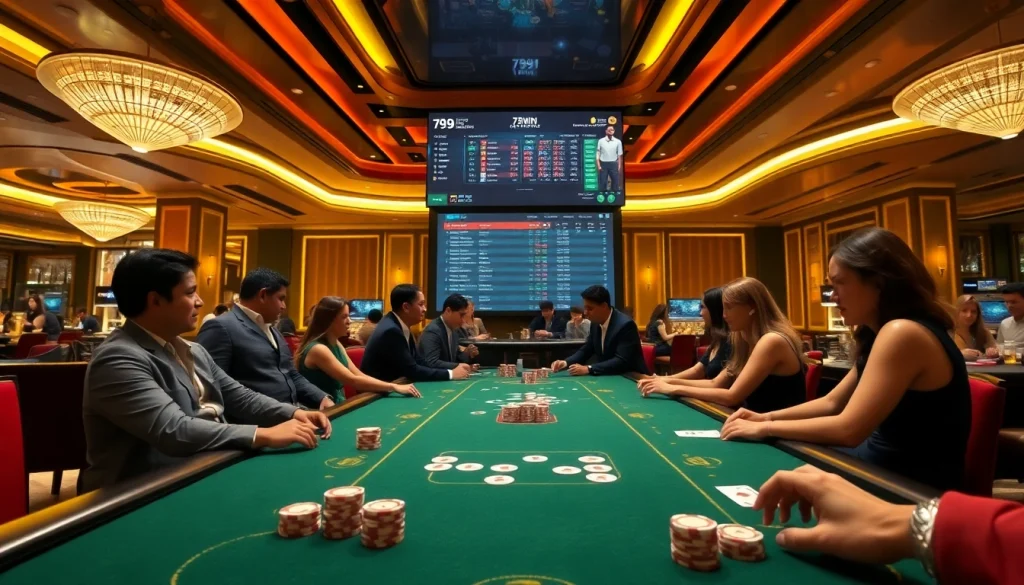 A dynamic gaming scene illustrating 789win đăng nhập with players engaged at a luxurious casino table.