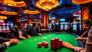 Experience thrilling gaming at BL555 with vibrant poker tables and a dazzling roulette wheel.