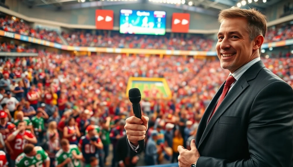 Dynamic scene of Sports Broadcasting with a broadcaster at a vibrant stadium, engaging fans and action.