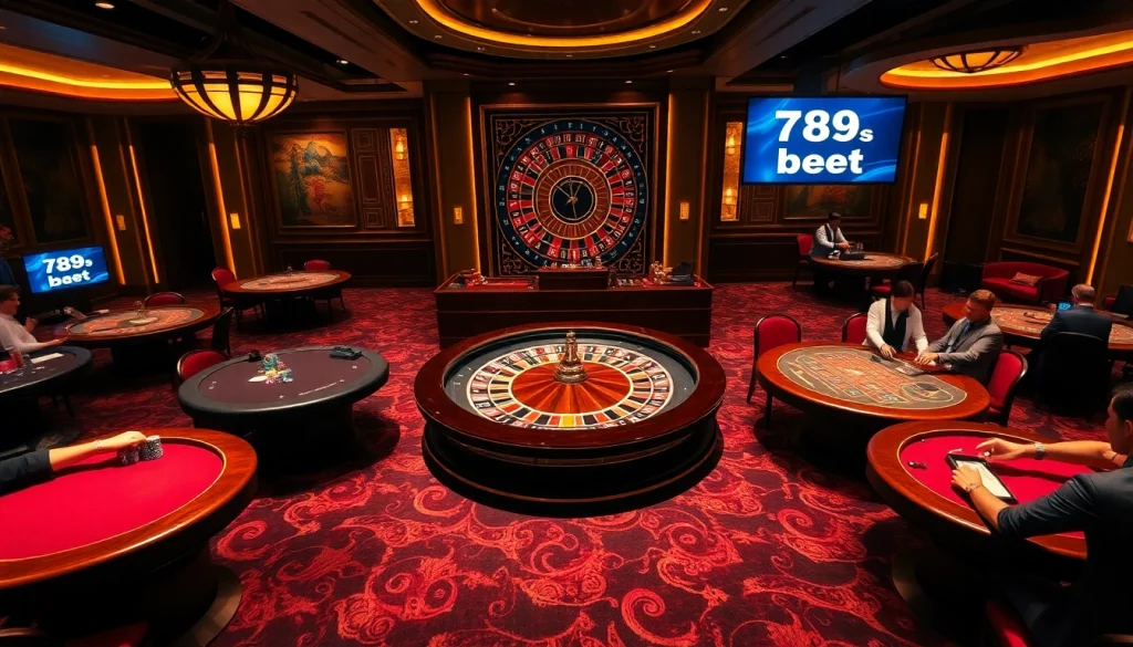 Engaging gamblers in a luxurious casino scene featuring 789 bet activities, poker chips, and roulette tables.