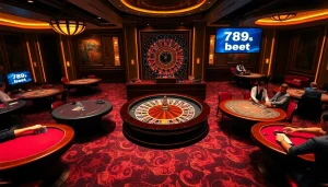 Engaging gamblers in a luxurious casino scene featuring 789 bet activities, poker chips, and roulette tables.