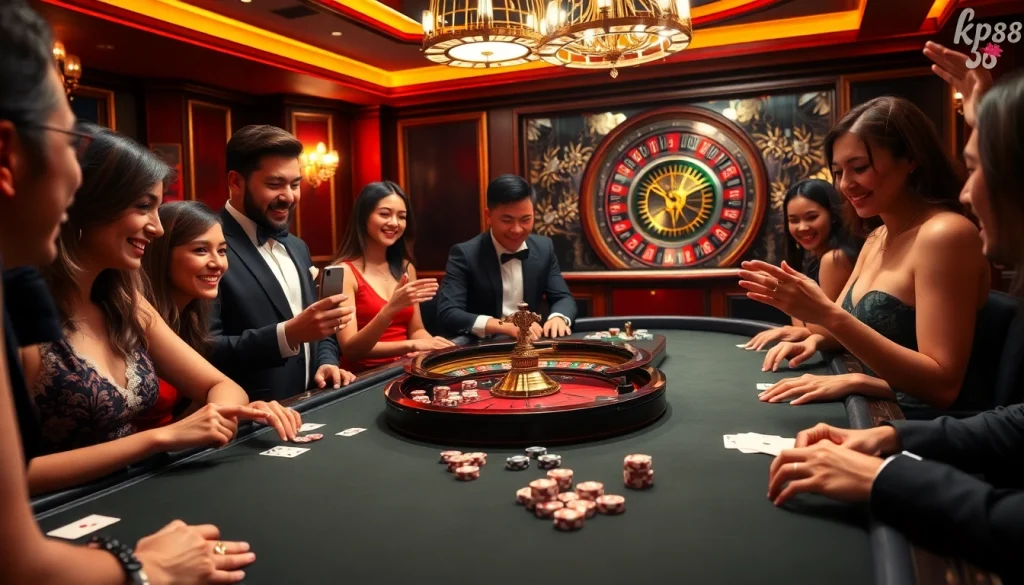 Players enjoying a thrilling KP88 gaming experience at a luxurious casino table.