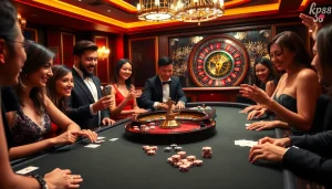 Players enjoying a thrilling KP88 gaming experience at a luxurious casino table.