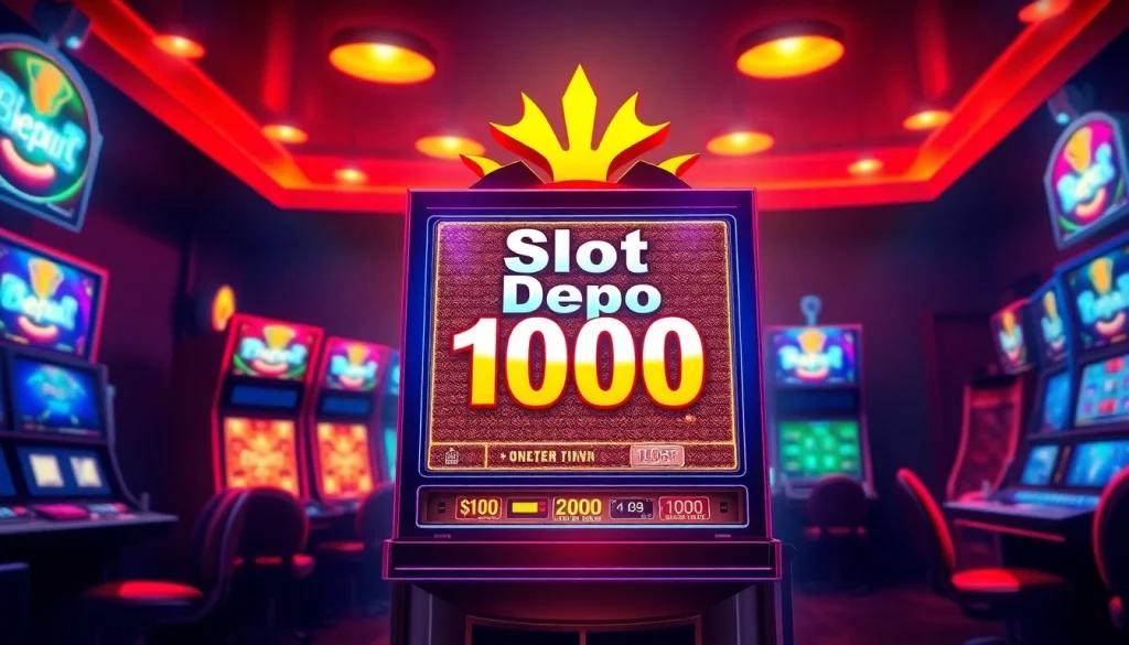 Permainan slot depo 1000 yang menarik, dikelilingi oleh mesin slot berwarna-warni.