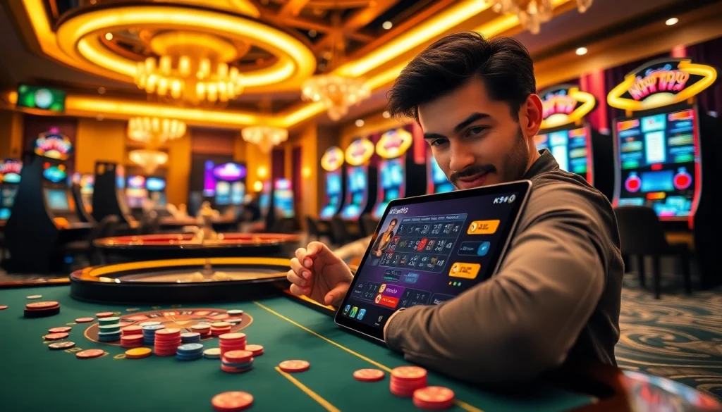 Engaging player enjoying the k9k9 game on a sleek tablet in a luxurious casino setting