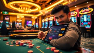Engaging player enjoying the k9k9 game on a sleek tablet in a luxurious casino setting