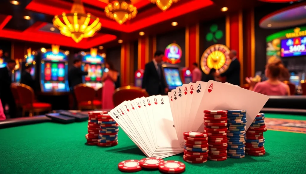 Engaged players strategizing their bets at the Gk88 casino tables, with colorful poker chips and cards.