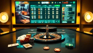 SAY88 online casino experience with a luxurious gaming table, roulette wheel, and poker chips.