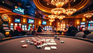 Engaged gamblers enjoying table games and slots at mv88's luxurious casino, capturing excitement and winning moments.