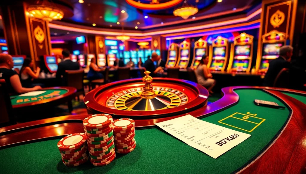 Experience the thrill of BDTK666 in a lively casino scene with poker chips and roulette.