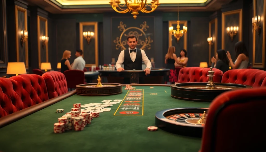 Experience high-stakes action at gavb79, with an elegant casino scene featuring poker and roulette.