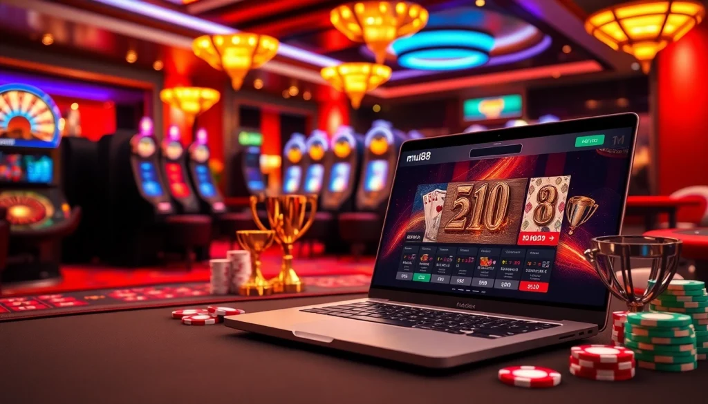 Excited players engaging with online gambling interfaces while using đăng nhập mu88 at a luxurious casino setup.