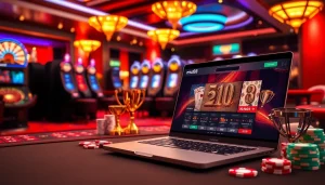 Excited players engaging with online gambling interfaces while using đăng nhập mu88 at a luxurious casino setup.